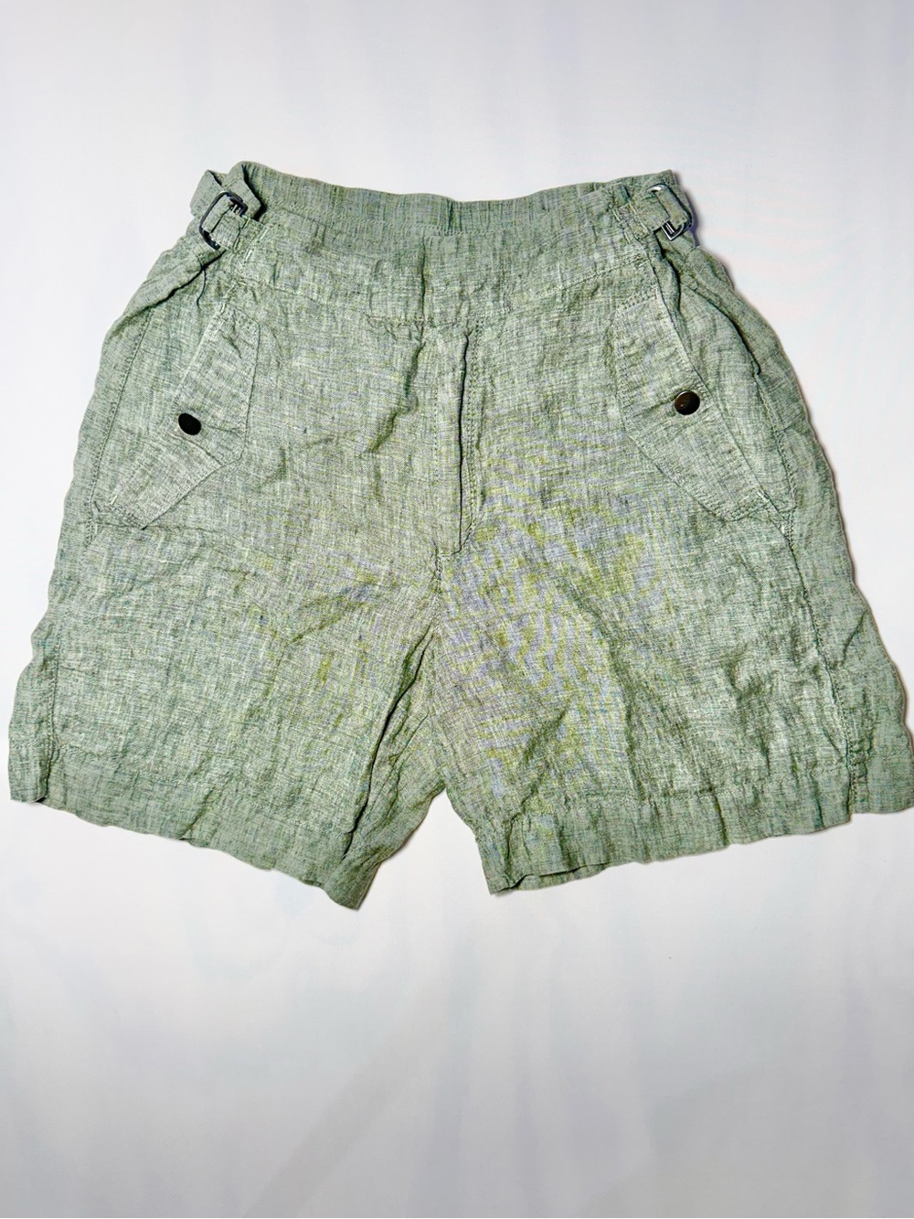 Athleta 100% Linen Olive Green Adjustable Waist Buckle Tab Pull On Shorts Size 6